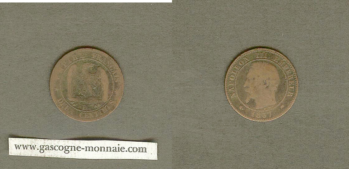 2 centimes Napoléon III 1857D Lyon TB- à TB+